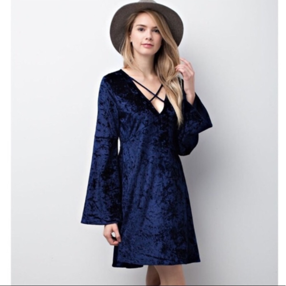 Navy Blue Cross Bell Sleeves Velvet Flared Dress